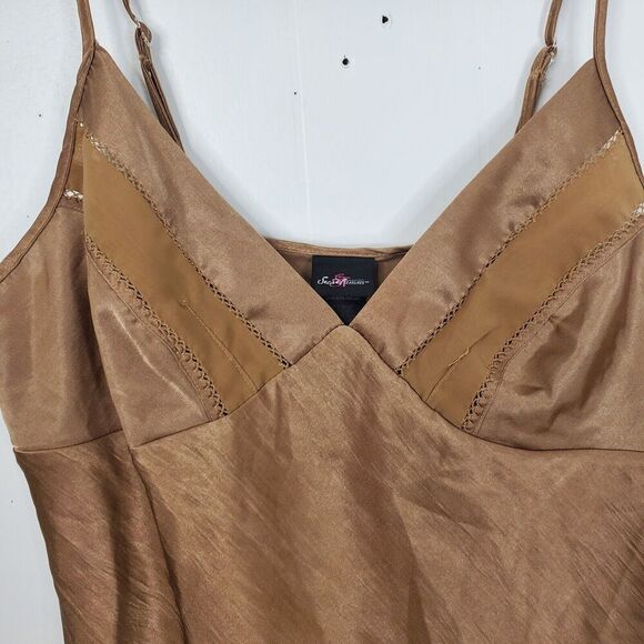 Secret Treasures Y2K Babydoll Tank Top Satin Slip Brown Eyelet Cutouts Womens L - Picture 2 of 9